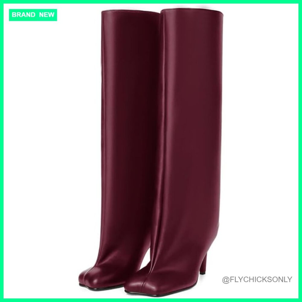 Wide Calf Knee High Boots Suede Stiletto Heel Pull On Riding Boots